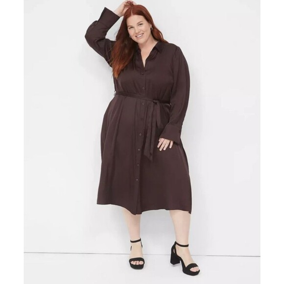 NEW LANE BRYANT CHOCOLATE BROWN BELTED SATIN BUTTON-DOWN SHIRT DRESS SZ 18 - Picture 1 of 8